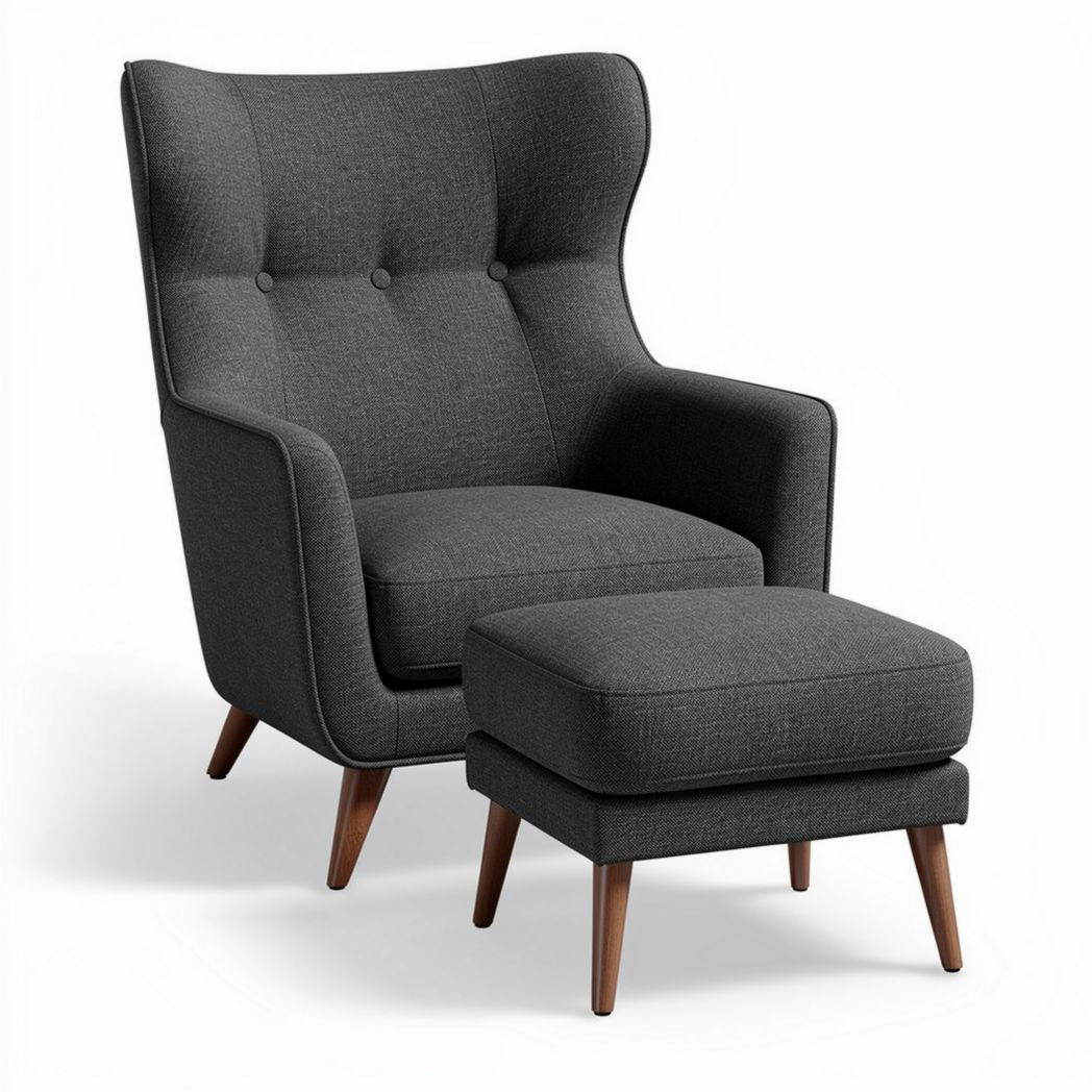 Sillón tapizado en tejido gris con reposapiés y patas de madera de 80 x 80 x 100cm