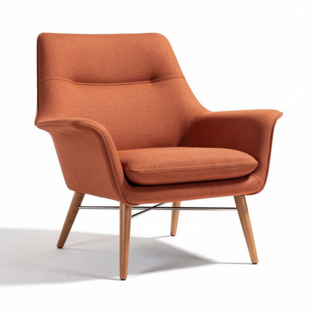 Sillón moderno tapizado en tejido naranja con patas de madera 80 x 80 x 90cm
