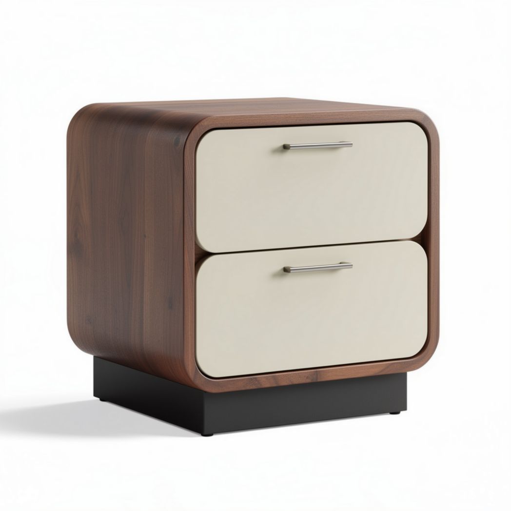 Mesa de noche de madera con dos cajones en color nogal y crema 50 x 40 x 45cm