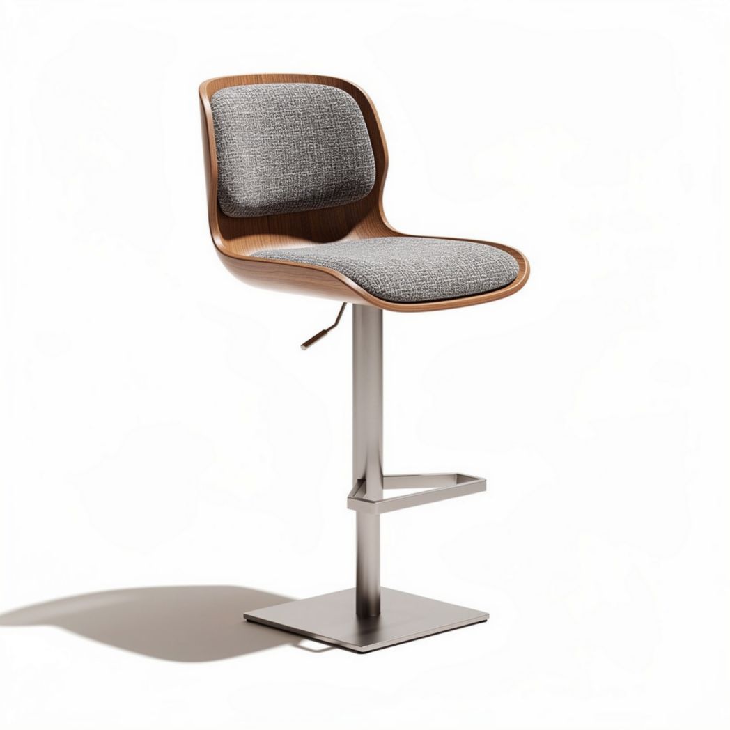 Taburete regulable en altura de madera y acero inoxidable con asiento gris 45 x 45 x 100cm