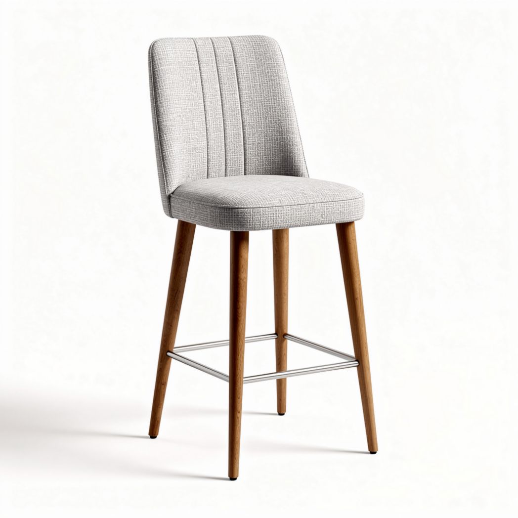 Silla alta con asiento acolchado de tela gris y patas de madera 45 x 45 x 100cm