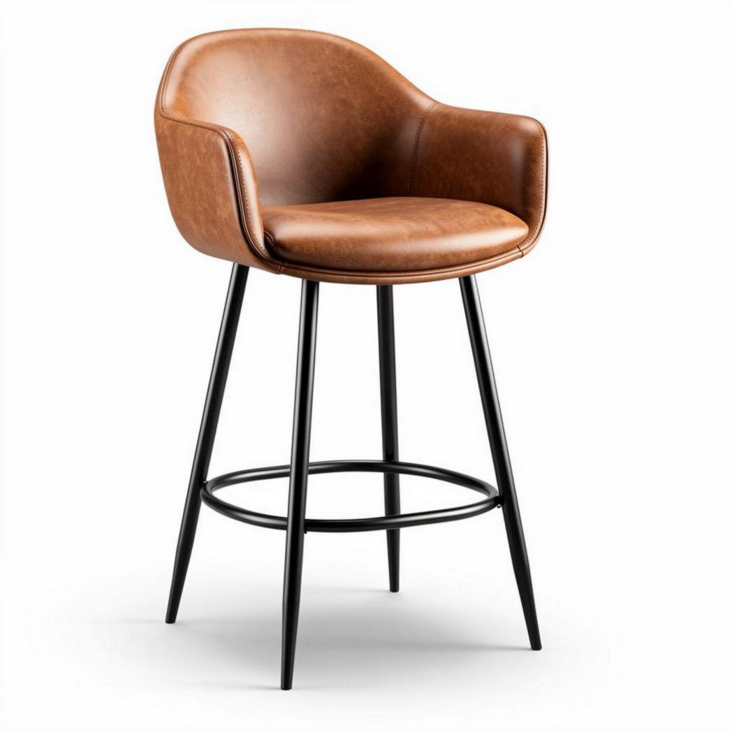Taburete de bar de piel sintética marrón con estructura metálica negra 45 x 45 x 90cm