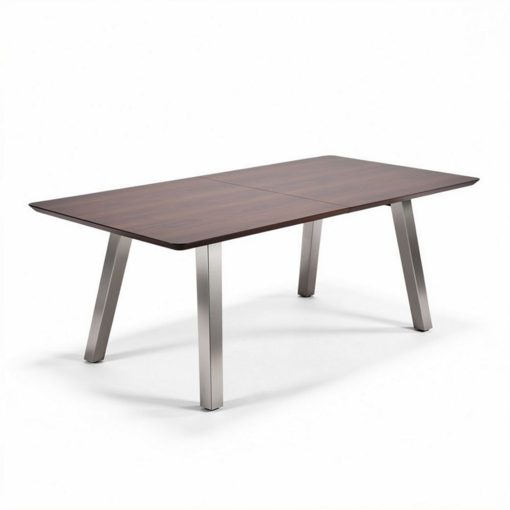 Mesa rectangular de madera oscura con patas de acero inoxidable 150 x 75 x 75cm