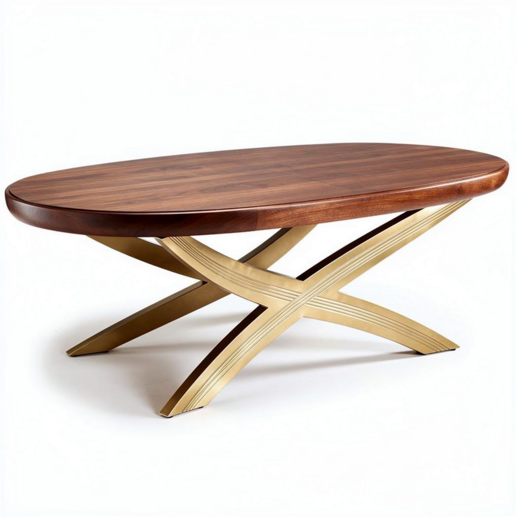 Mesa ovalada de madera con base metálica dorada 120 x 75 x 45cm