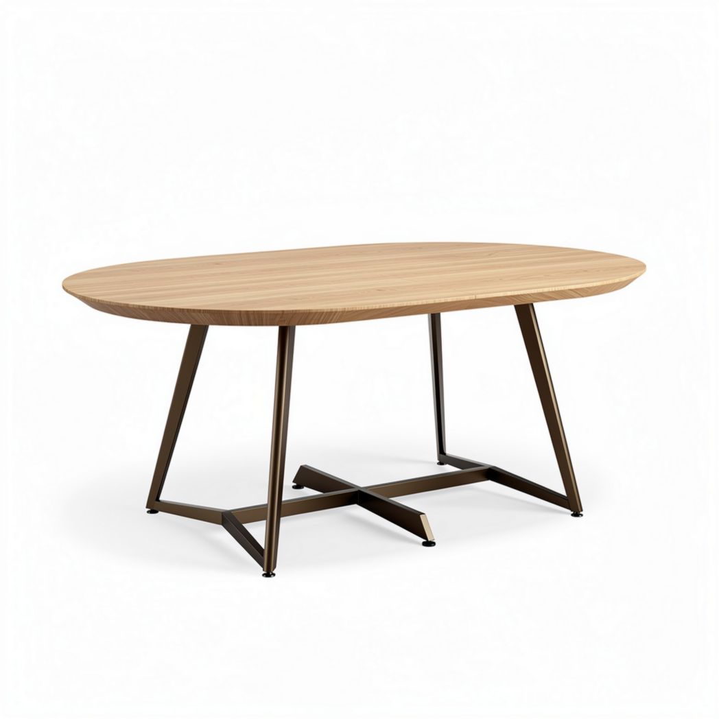 Mesa ovalada de madera en color natural con base de metal 160 x 80 x 75cm