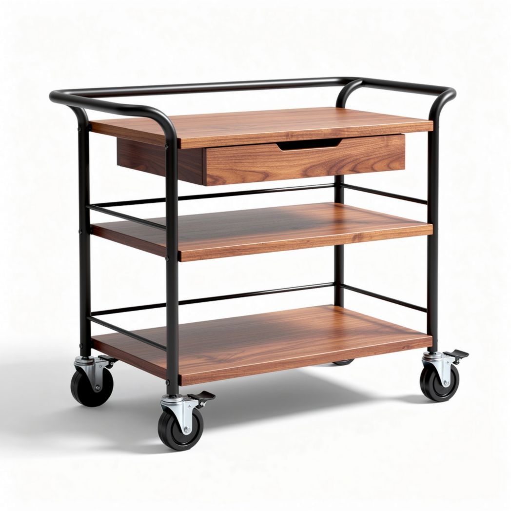 Carro de servicio de madera y metal con tres estantes y ruedas 80 x 40 x 80cm