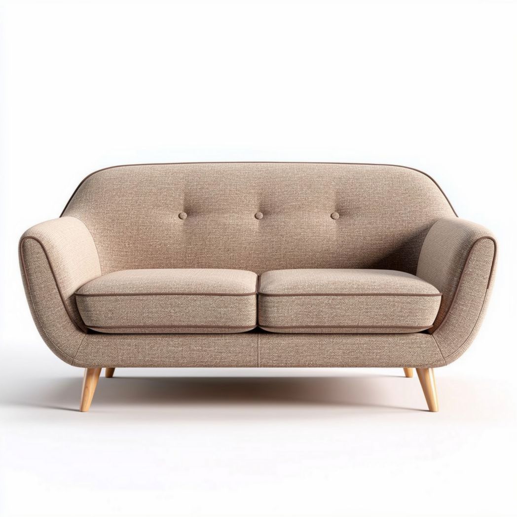 Sofá de dos plazas en tela beige con estructura de madera 160 x 80 x 75cm