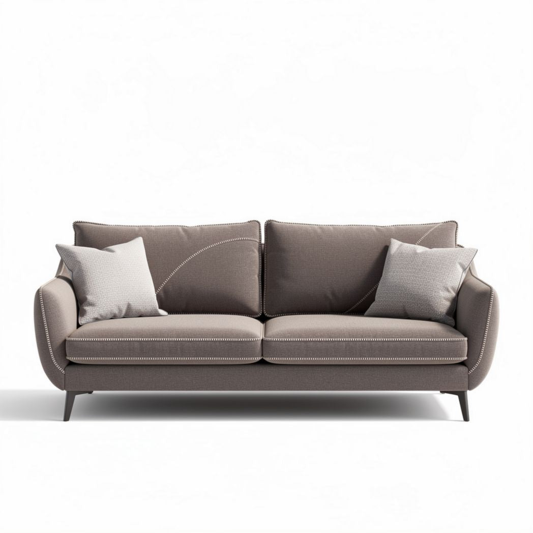 Sofá moderno de tela gris con cojines y dimensiones 180 x 90 x 85cm