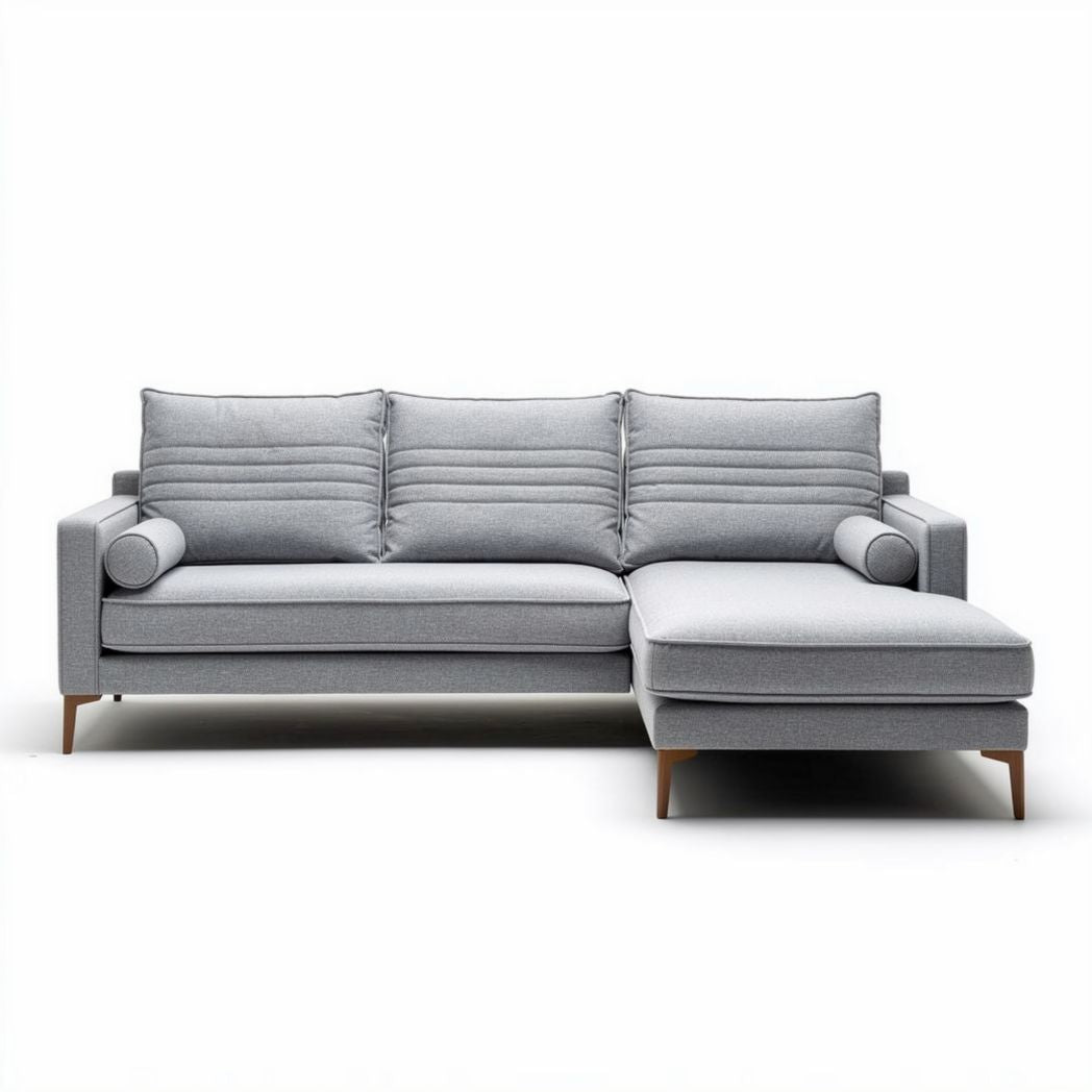 Sofá gris moderno con chaise longue de tela y patas de madera 200 x 90 x 85cm